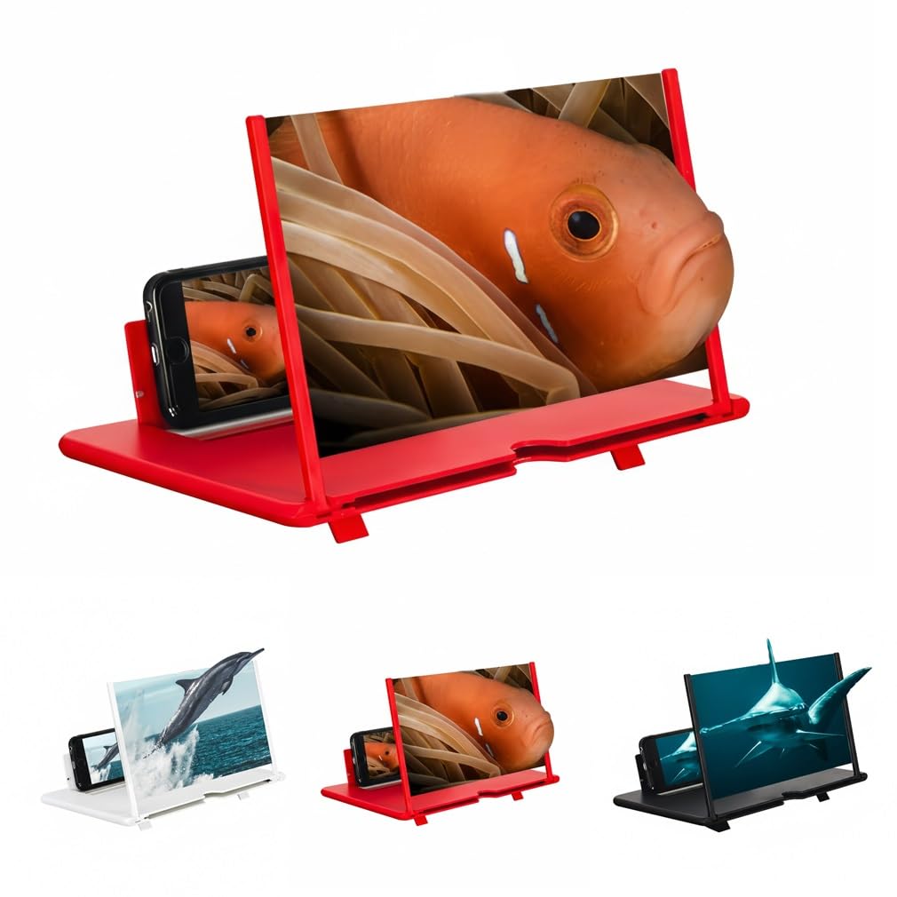 Screen Magnifier 2025 Version Phone Screen Amplifier 12" 3D HD Projector Foldable Mobile Holder for Cell Phone Laptop Computer Watching Movies Videos Gaming Black White Red(Black,12")