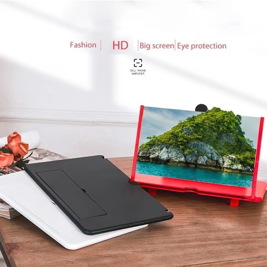 Screen Magnifier 2025 Version Phone Screen Amplifier 12" 3D HD Projector Foldable Mobile Holder for Cell Phone Laptop Computer Watching Movies Videos Gaming Black White Red(Black,12")