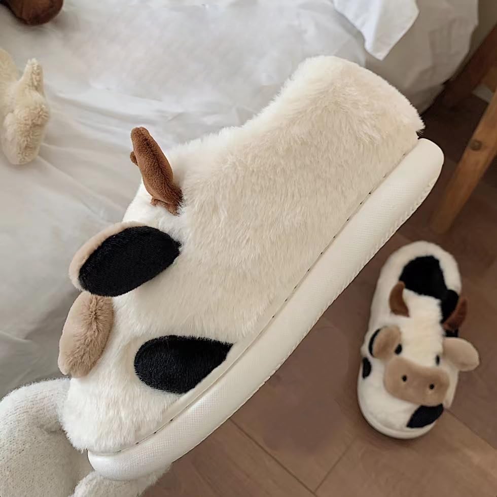 XIXITIAO Slippers For Women,Cow Slippers,Womens Fuzzy Slippers,Cute Animal Cartoon Fluffy Plush House Slippers For Women Men Indoor