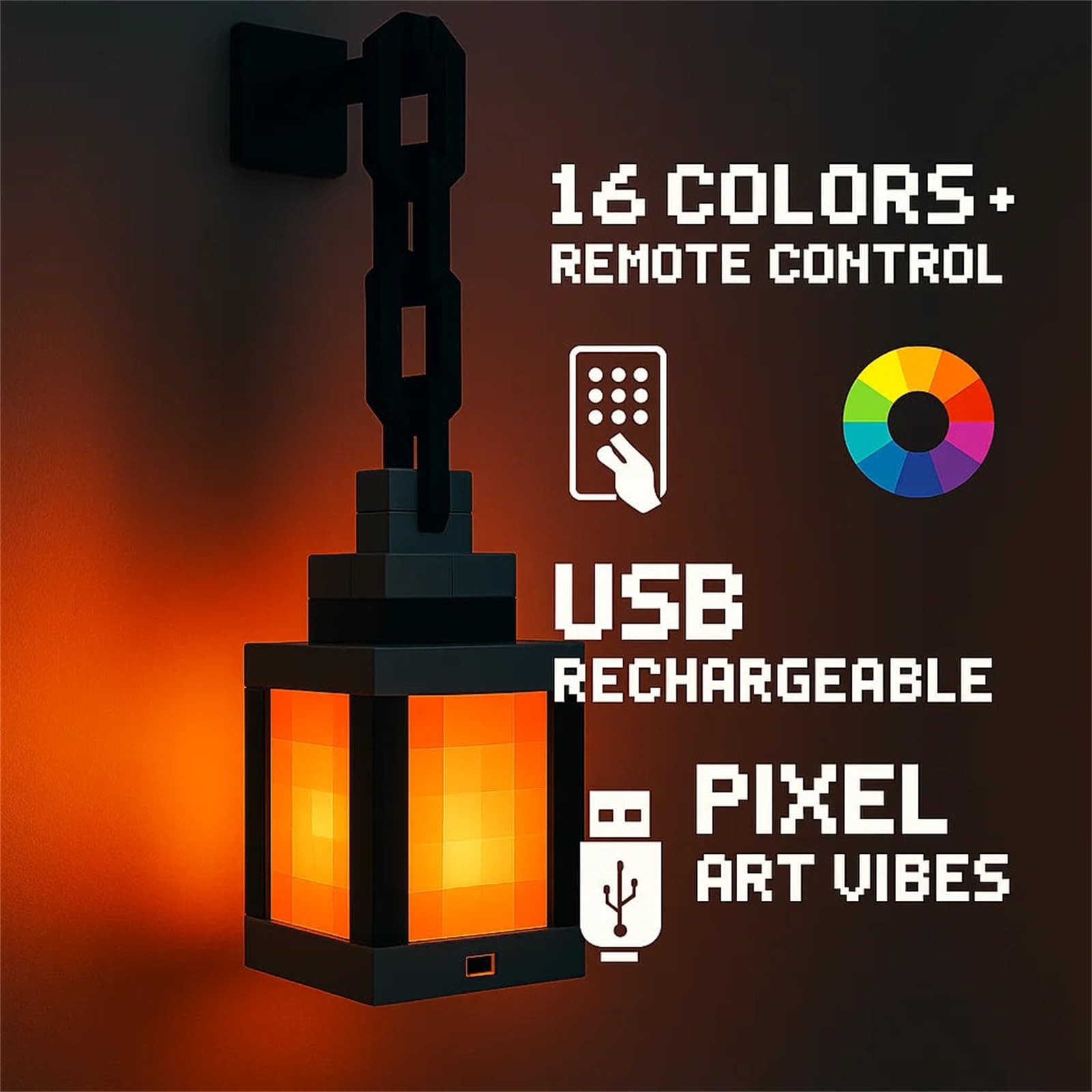 Pixelated Lantern Night Light -16-Color Led Wall Mood Night Light W Touch Switch&Remote Control-Rechargeable Night Lamp Mountable Table Light, Costume Cosplay Nightstand Lamp for Room Decor for Boys