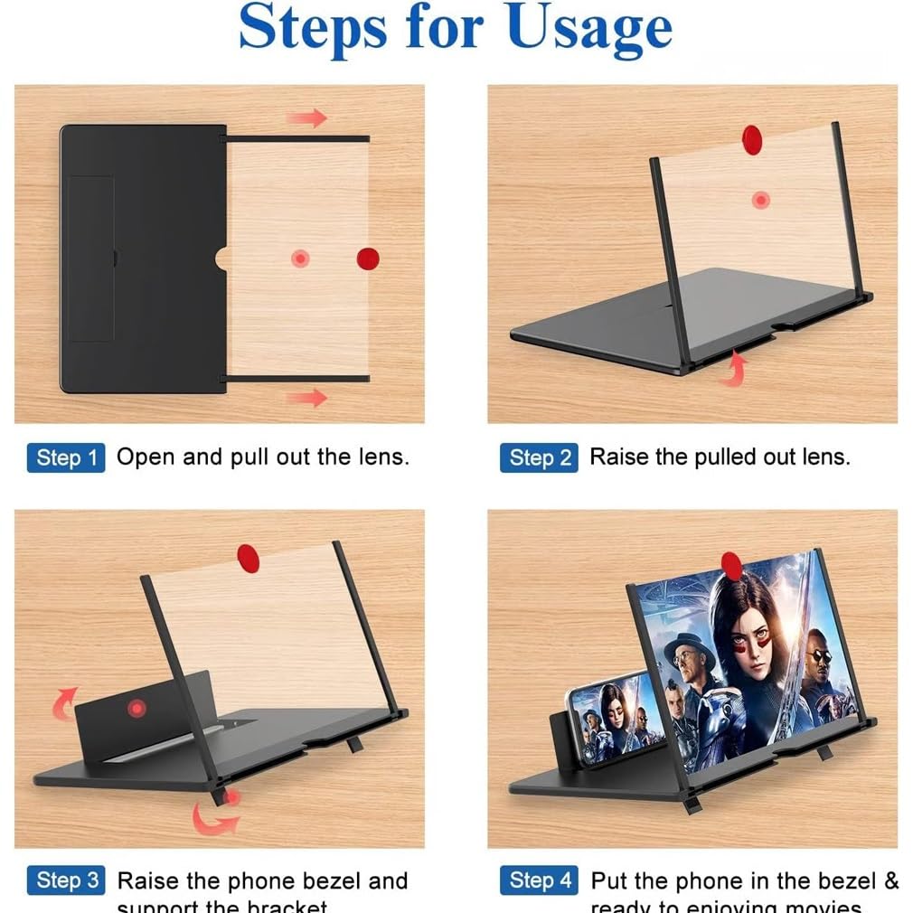 Screen Magnifier 2025 Version Phone Screen Amplifier 12" 3D HD Projector Foldable Mobile Holder for Cell Phone Laptop Computer Watching Movies Videos Gaming Black White Red(Black,12")