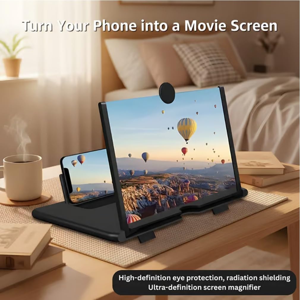 Screen Magnifier 2025 Version Phone Screen Amplifier 12" 3D HD Projector Foldable Mobile Holder for Cell Phone Laptop Computer Watching Movies Videos Gaming Black White Red(Black,12")