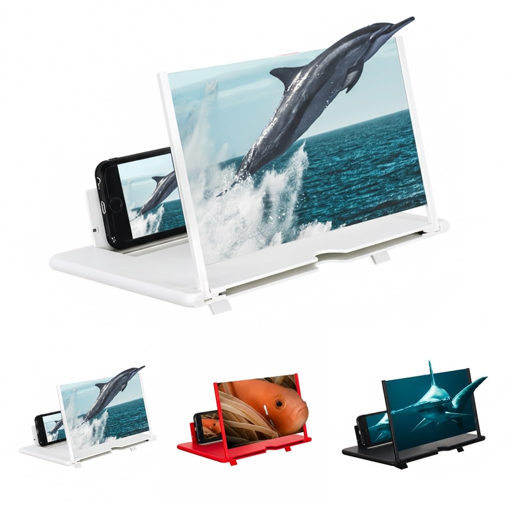 Screen Magnifier 2025 Version Phone Screen Amplifier 12" 3D HD Projector Foldable Mobile Holder for Cell Phone Laptop Computer Watching Movies Videos Gaming Black White Red(Black,12")