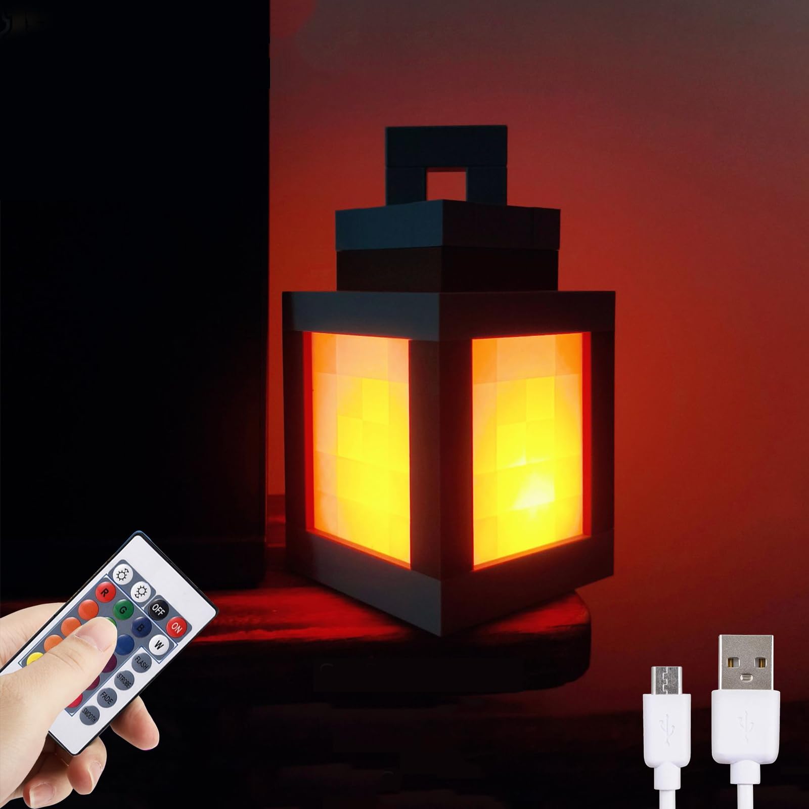 Pixelated Lantern Night Light -16-Color Led Wall Mood Night Light W Touch Switch&Remote Control-Rechargeable Night Lamp Mountable Table Light, Costume Cosplay Nightstand Lamp for Room Decor for Boys