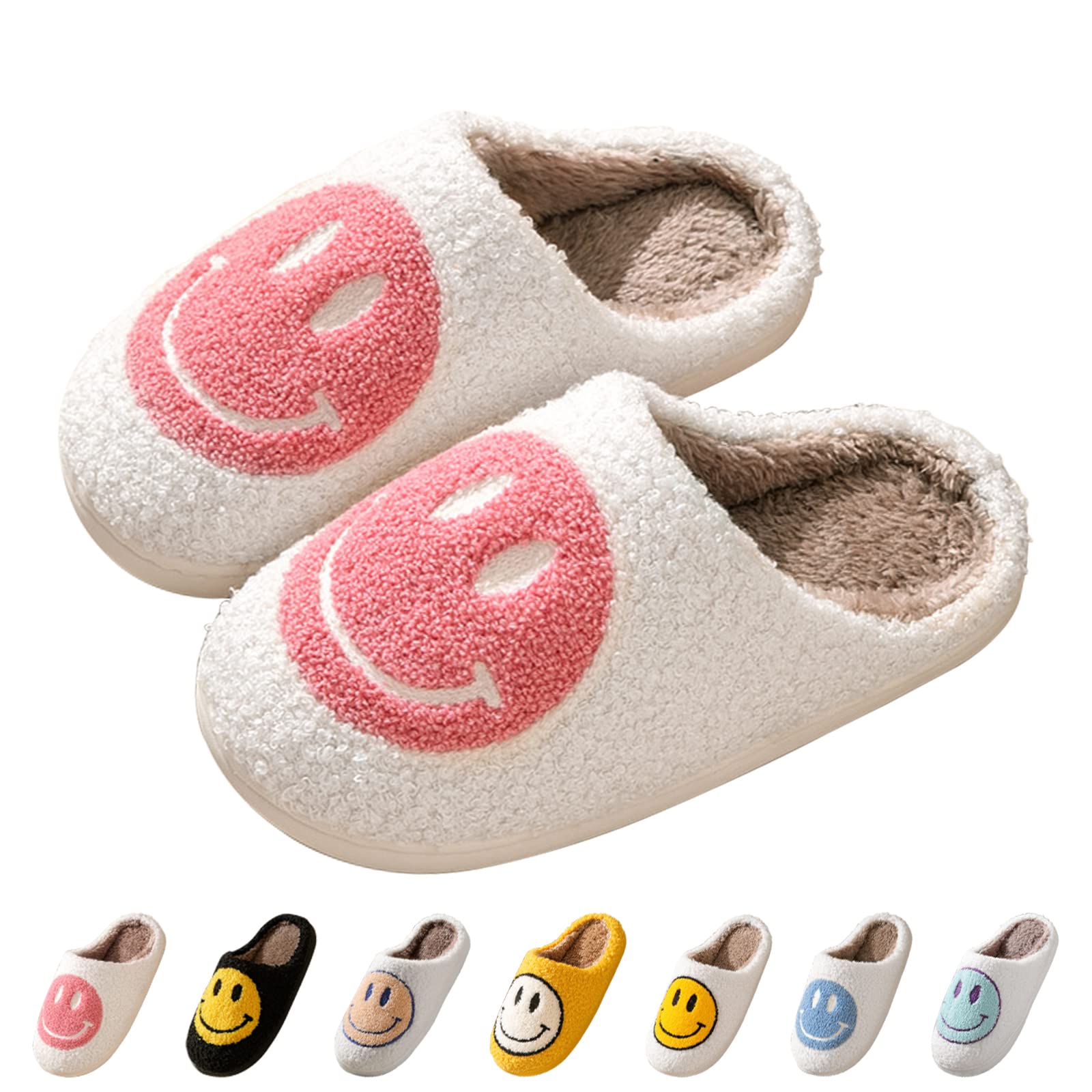 Bevaney Smile Face Slippers for Women - Soft Plush Retro Preppy Slip-on Comfortable Indoor/Outdoor Shoes