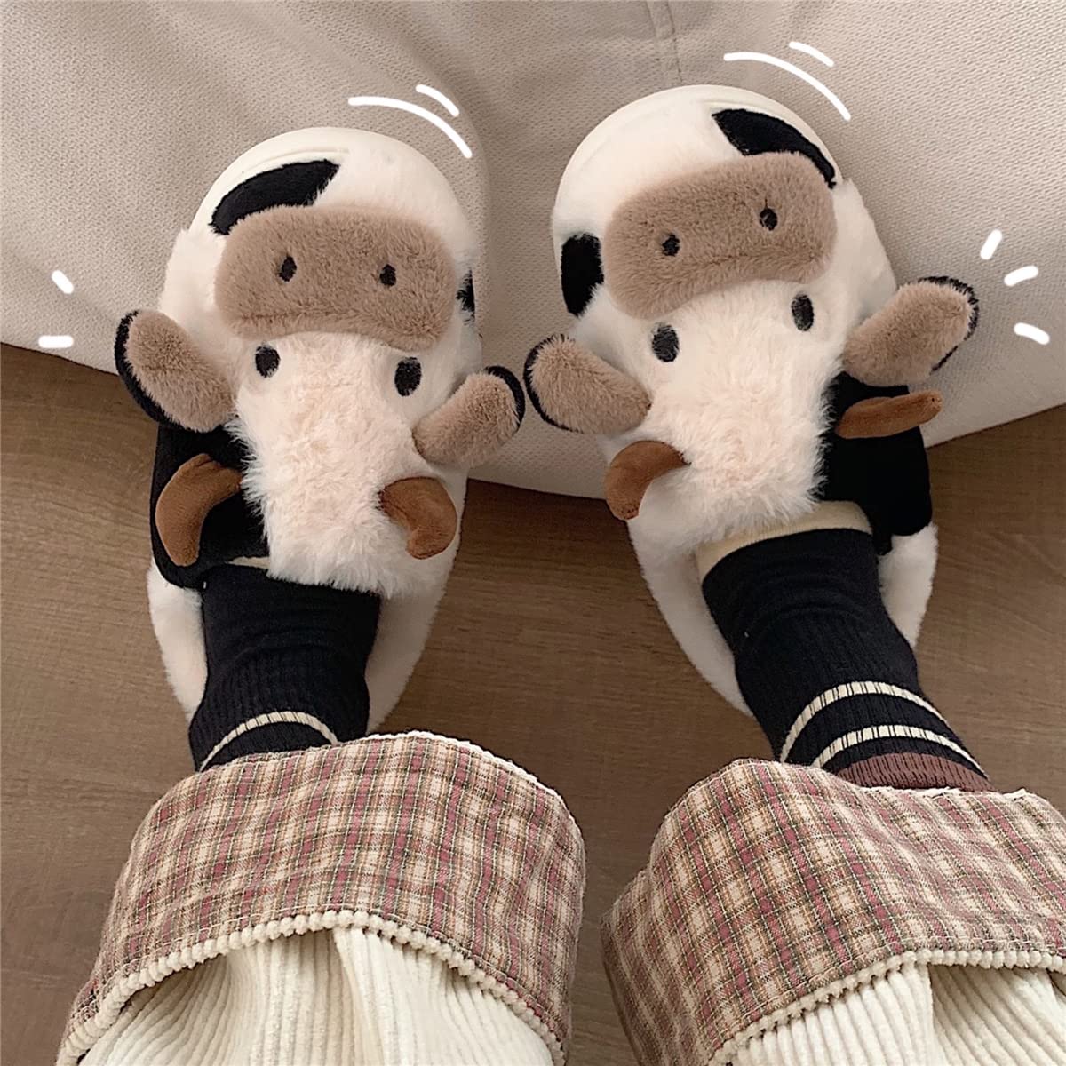 XIXITIAO Slippers For Women,Cow Slippers,Womens Fuzzy Slippers,Cute Animal Cartoon Fluffy Plush House Slippers For Women Men Indoor