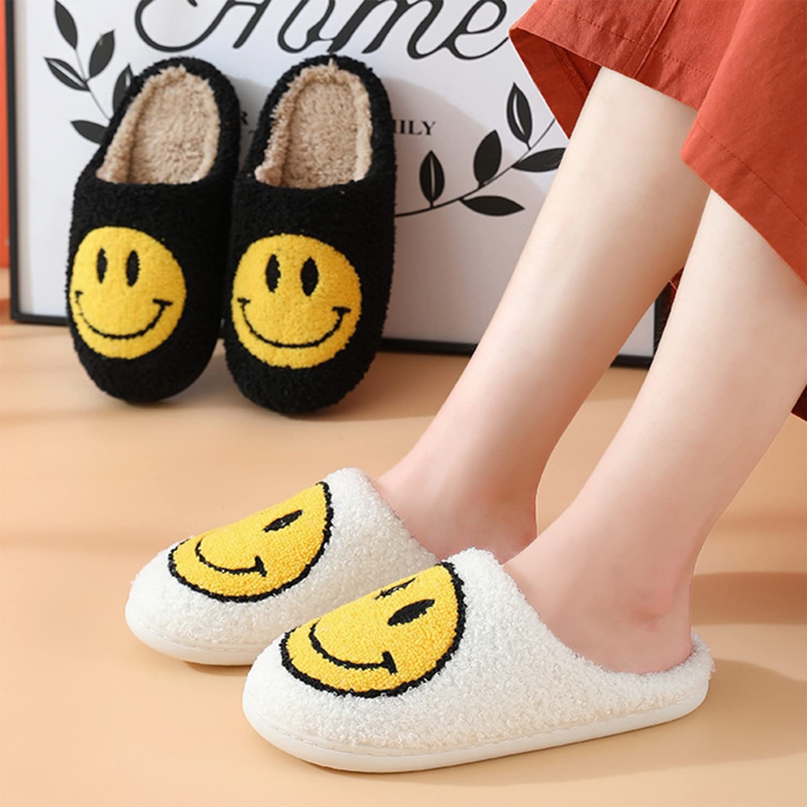 Bevaney Smile Face Slippers for Women - Soft Plush Retro Preppy Slip-on Comfortable Indoor/Outdoor Shoes