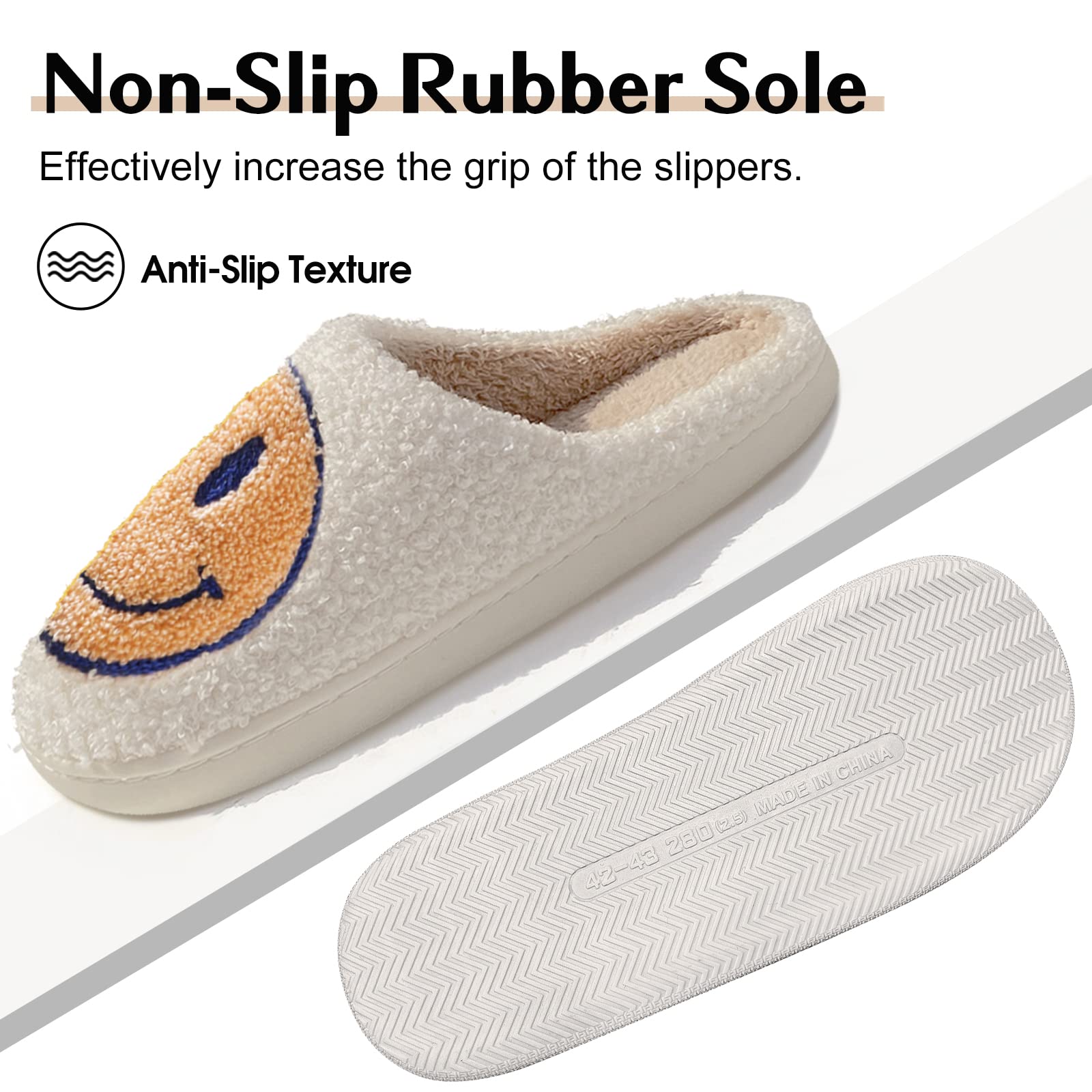 Bevaney Smile Face Slippers for Women - Soft Plush Retro Preppy Slip-on Comfortable Indoor/Outdoor Shoes