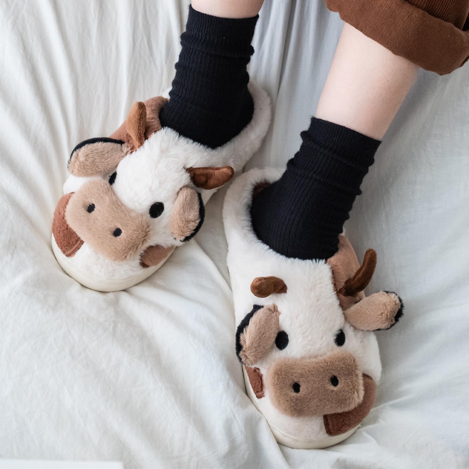 XIXITIAO Slippers For Women,Cow Slippers,Womens Fuzzy Slippers,Cute Animal Cartoon Fluffy Plush House Slippers For Women Men Indoor