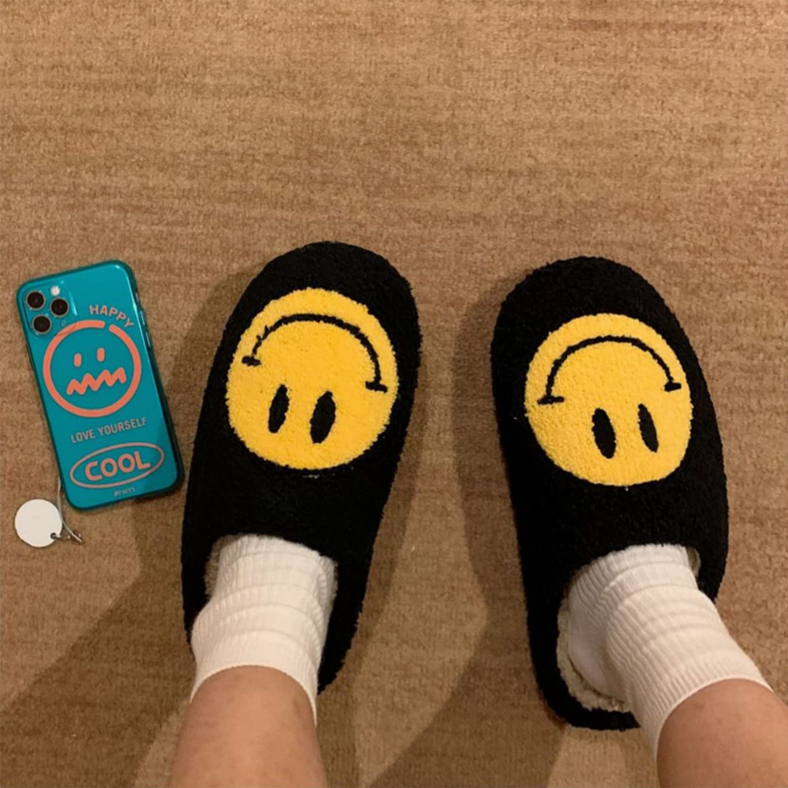 Bevaney Smile Face Slippers for Women - Soft Plush Retro Preppy Slip-on Comfortable Indoor/Outdoor Shoes