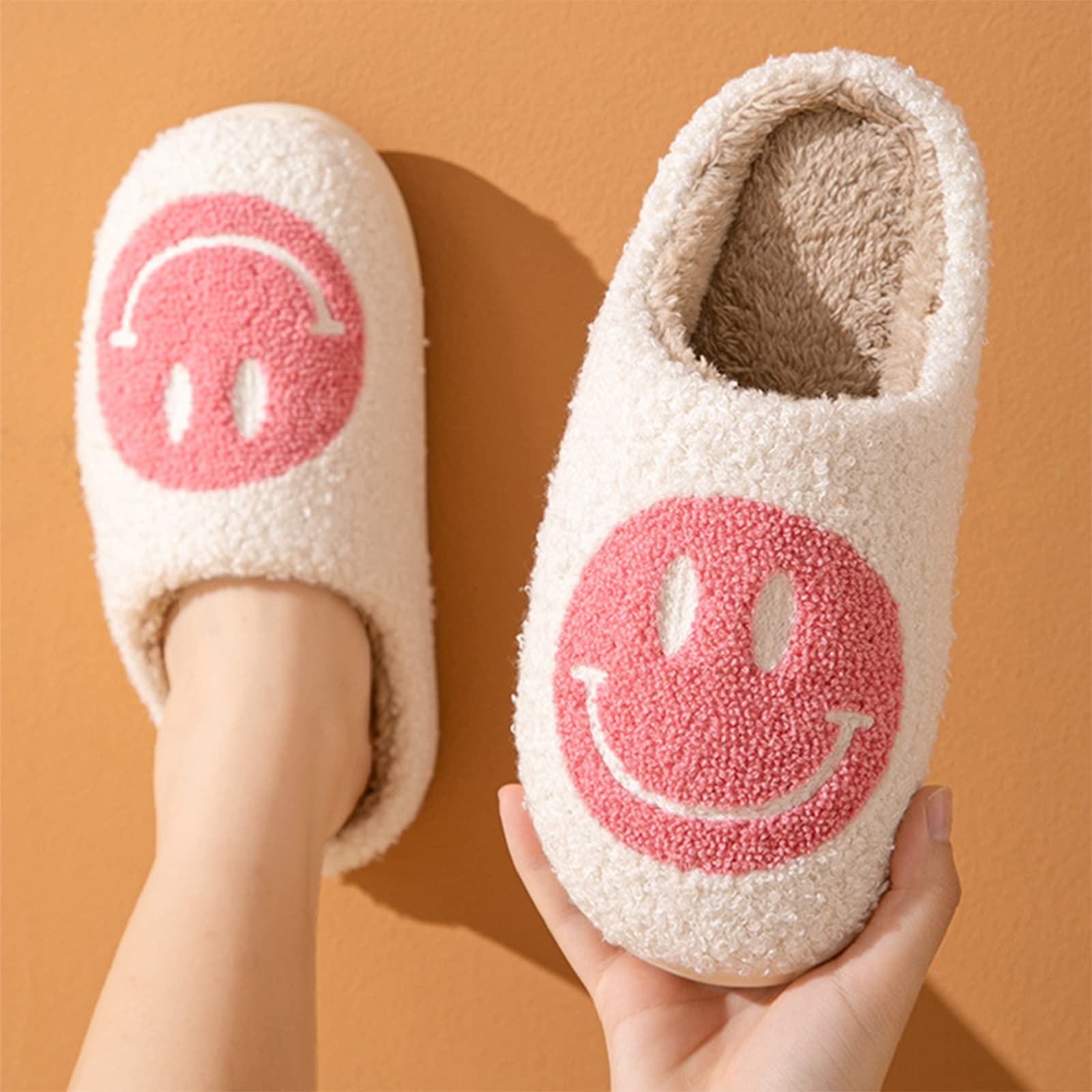 Bevaney Smile Face Slippers for Women - Soft Plush Retro Preppy Slip-on Comfortable Indoor/Outdoor Shoes