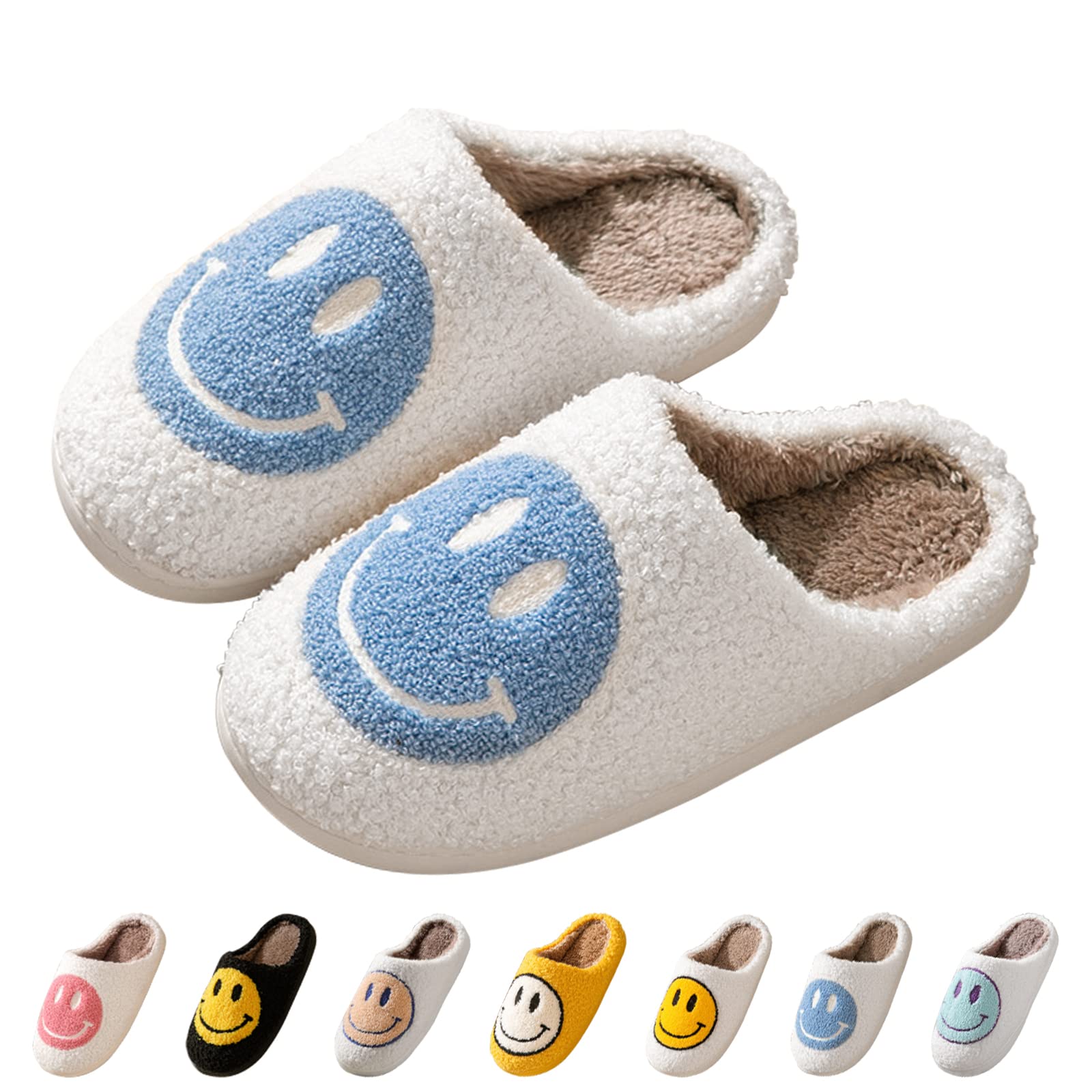 Bevaney Smile Face Slippers for Women - Soft Plush Retro Preppy Slip-on Comfortable Indoor/Outdoor Shoes