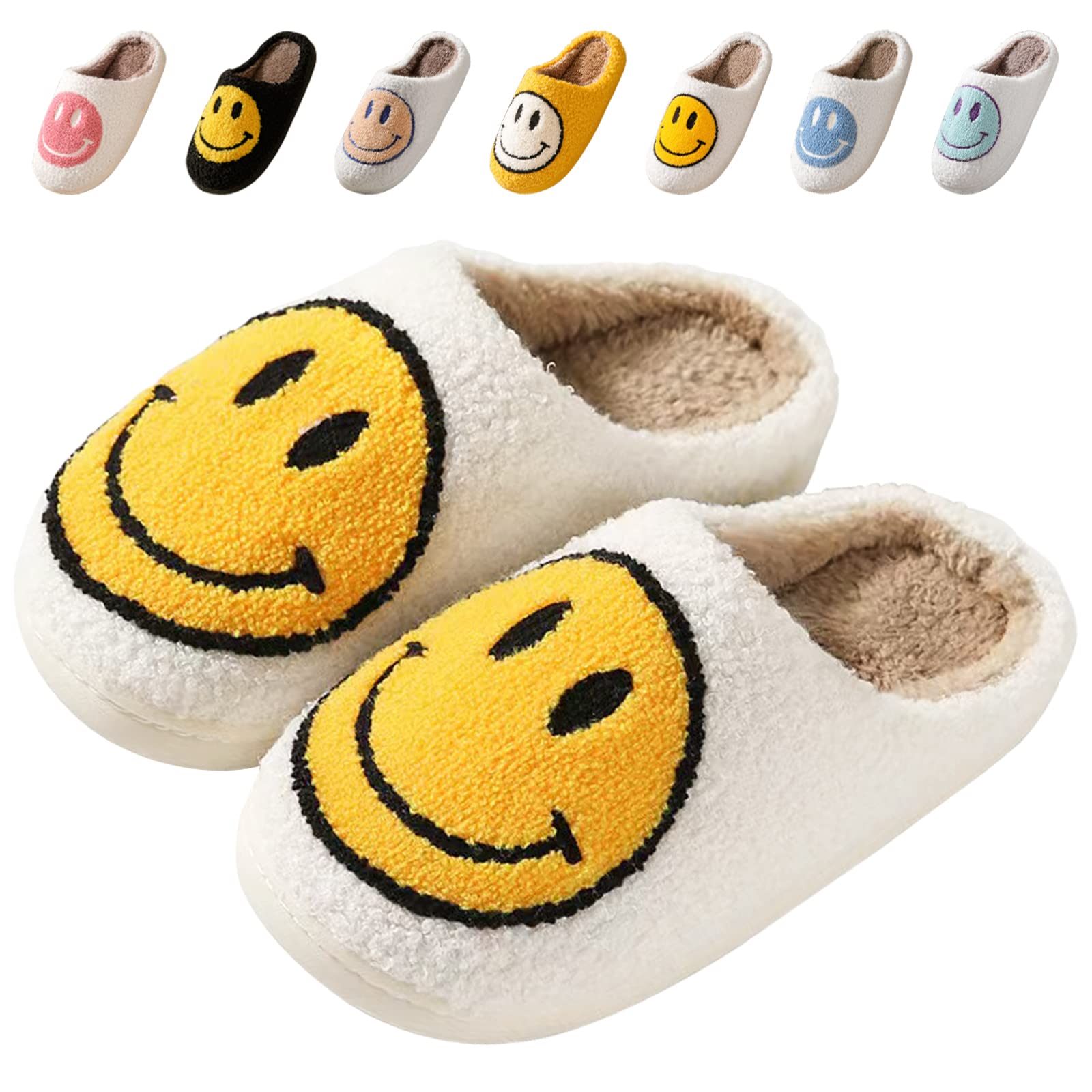 Bevaney Smile Face Slippers for Women - Soft Plush Retro Preppy Slip-on Comfortable Indoor/Outdoor Shoes