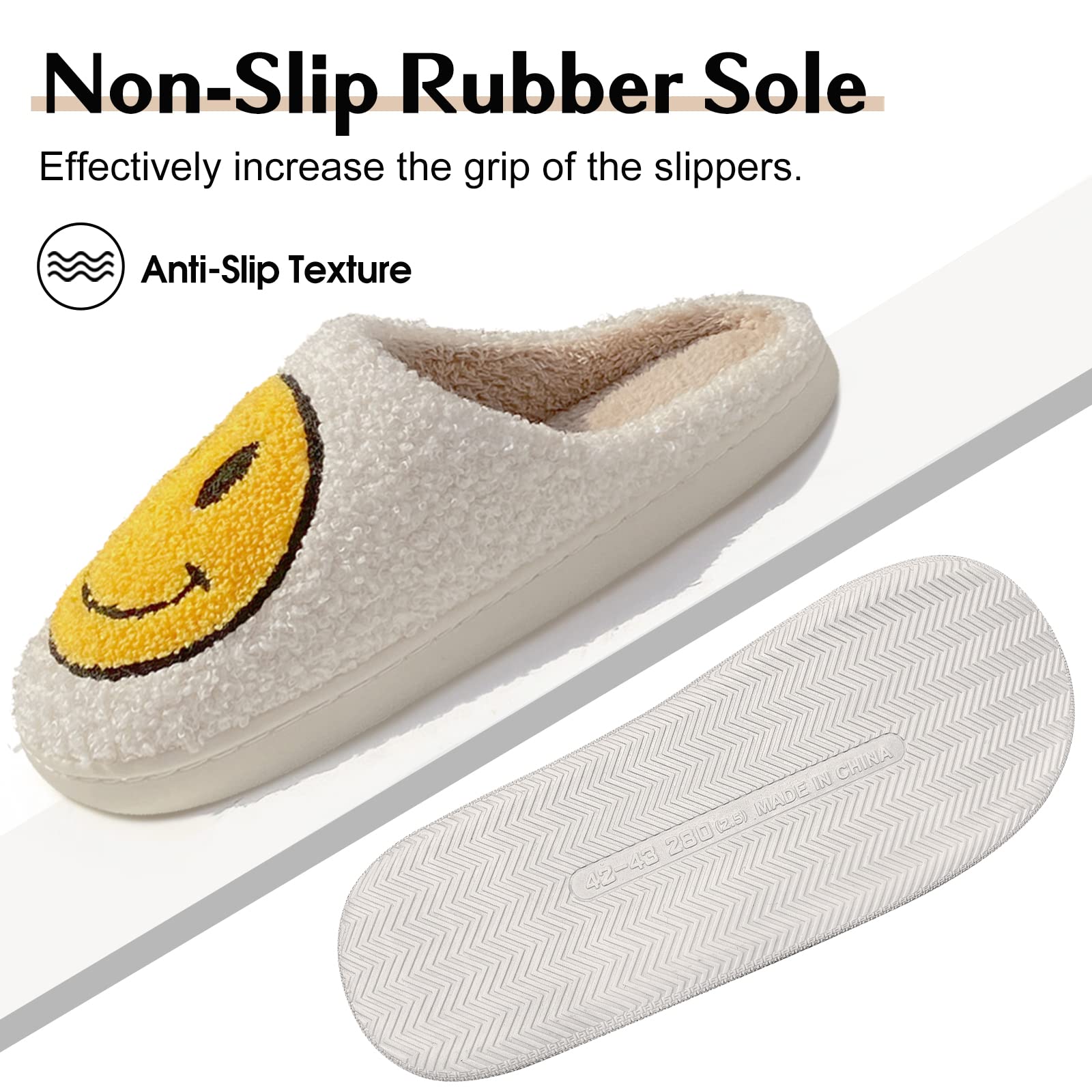 Bevaney Smile Face Slippers for Women - Soft Plush Retro Preppy Slip-on Comfortable Indoor/Outdoor Shoes