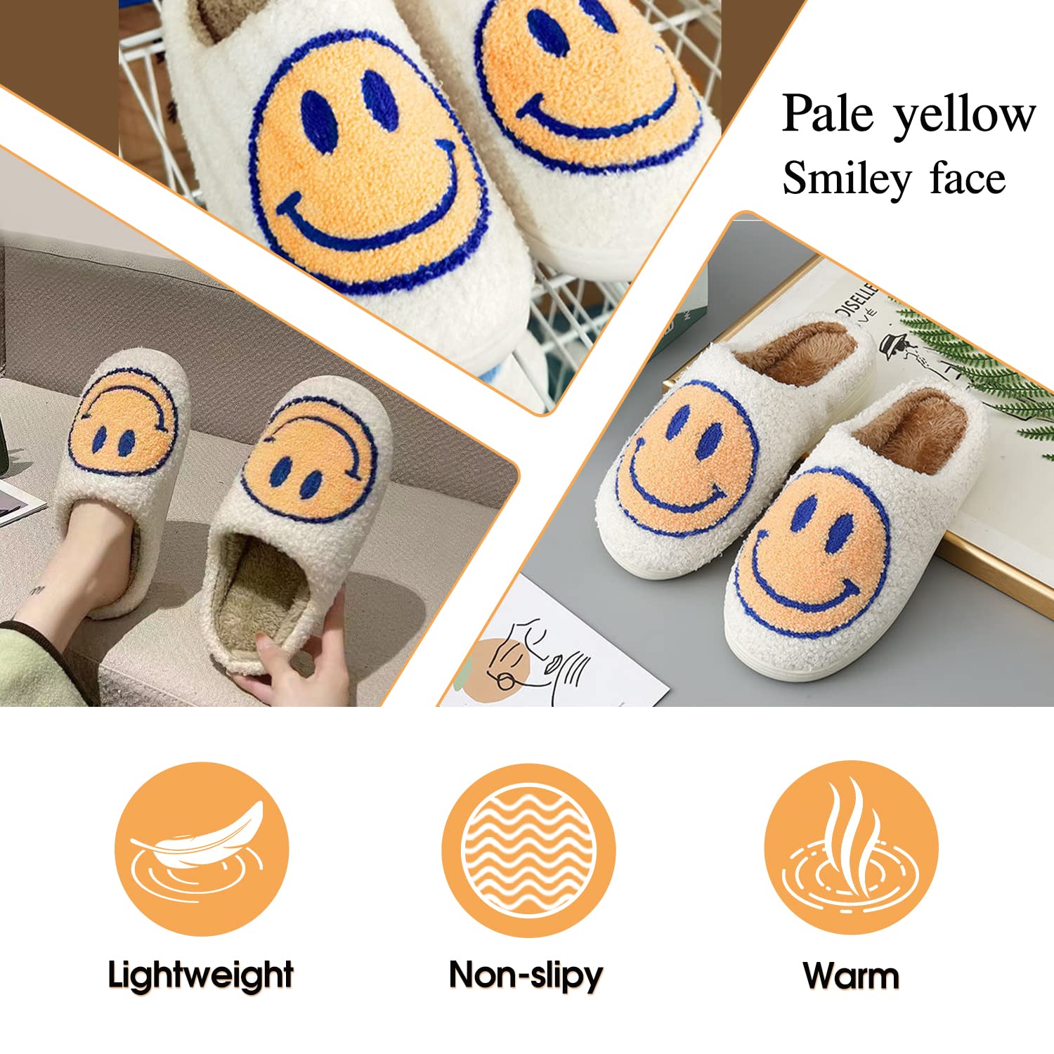 Bevaney Smile Face Slippers for Women - Soft Plush Retro Preppy Slip-on Comfortable Indoor/Outdoor Shoes
