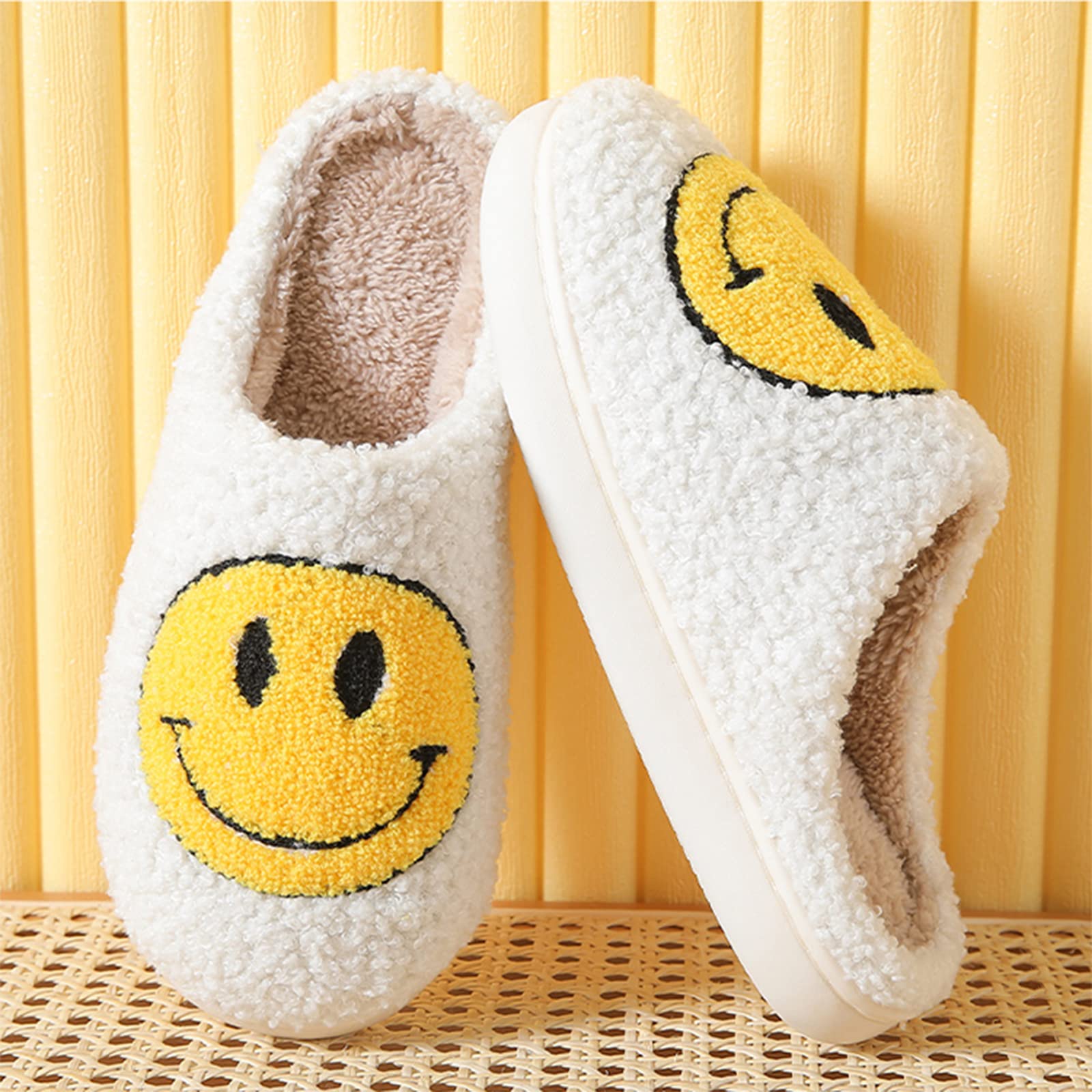 Bevaney Smile Face Slippers for Women - Soft Plush Retro Preppy Slip-on Comfortable Indoor/Outdoor Shoes