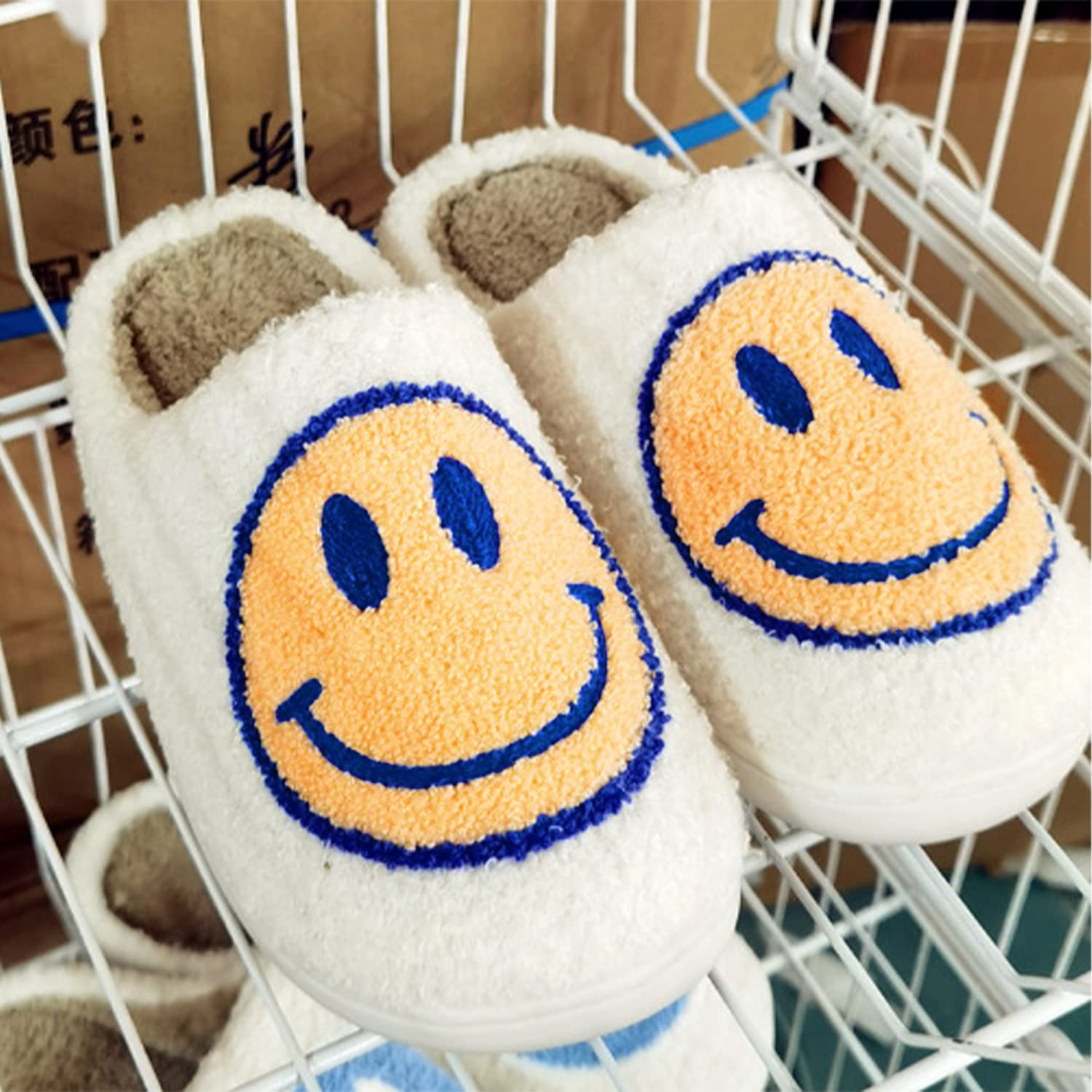 Bevaney Smile Face Slippers for Women - Soft Plush Retro Preppy Slip-on Comfortable Indoor/Outdoor Shoes