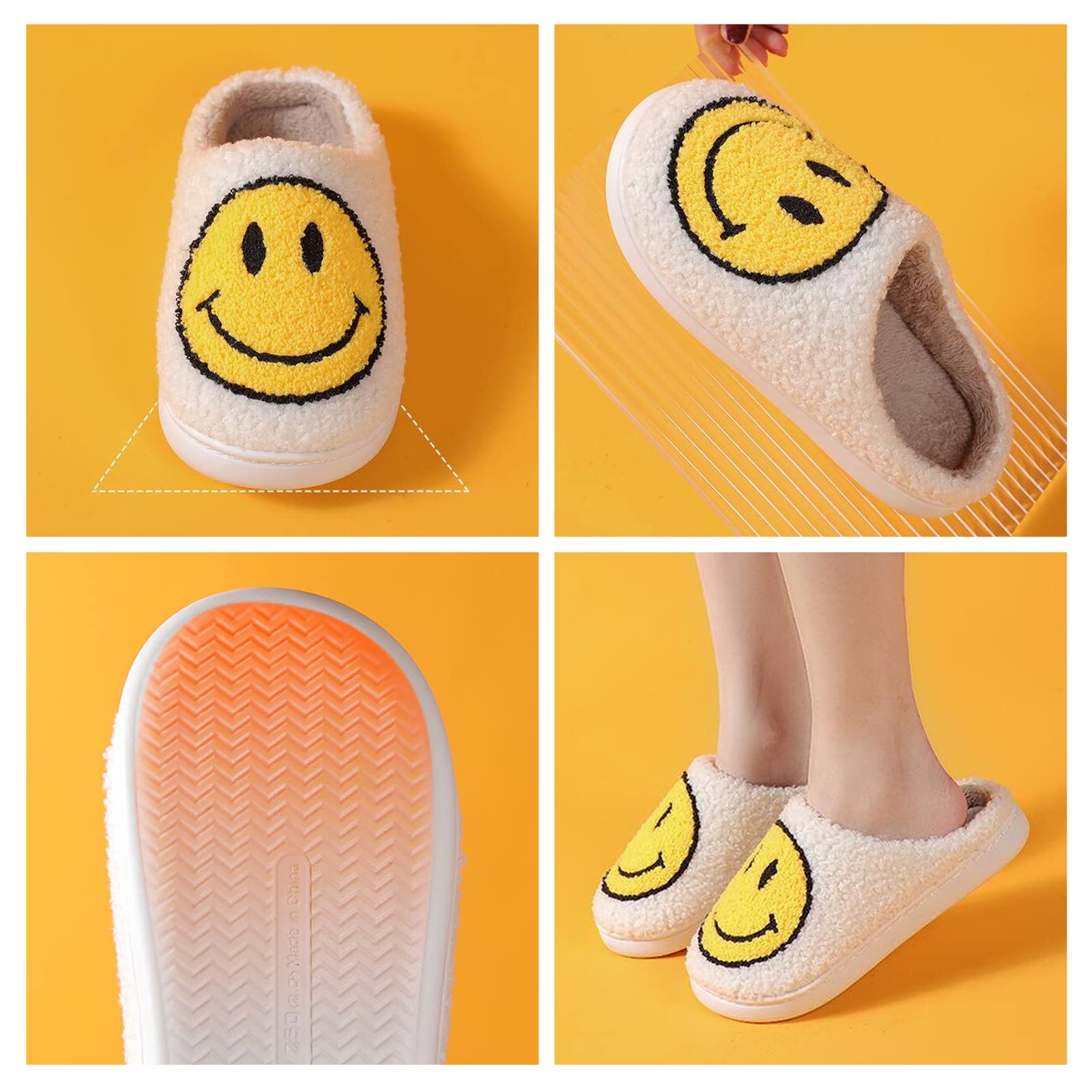 Bevaney Smile Face Slippers for Women - Soft Plush Retro Preppy Slip-on Comfortable Indoor/Outdoor Shoes