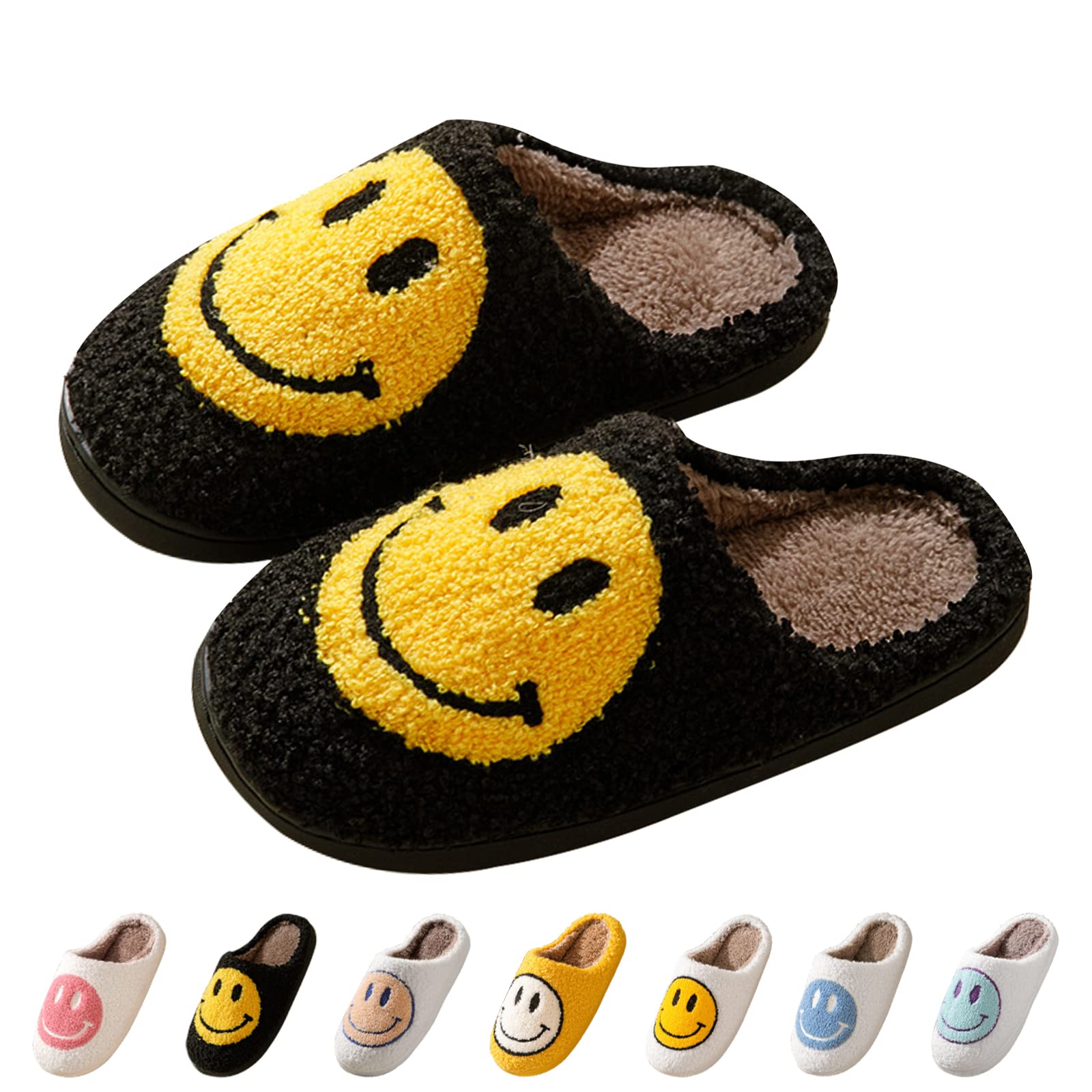 Bevaney Smile Face Slippers for Women - Soft Plush Retro Preppy Slip-on Comfortable Indoor/Outdoor Shoes