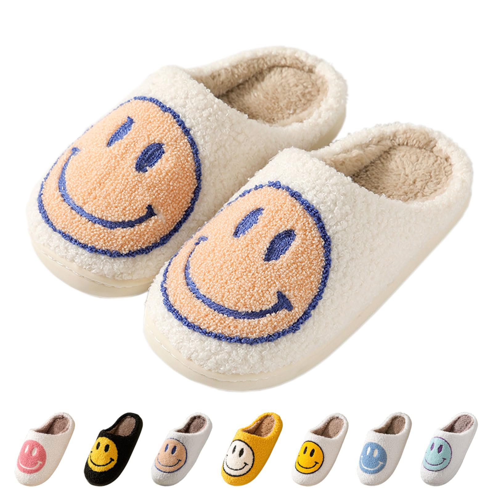 Bevaney Smile Face Slippers for Women - Soft Plush Retro Preppy Slip-on Comfortable Indoor/Outdoor Shoes
