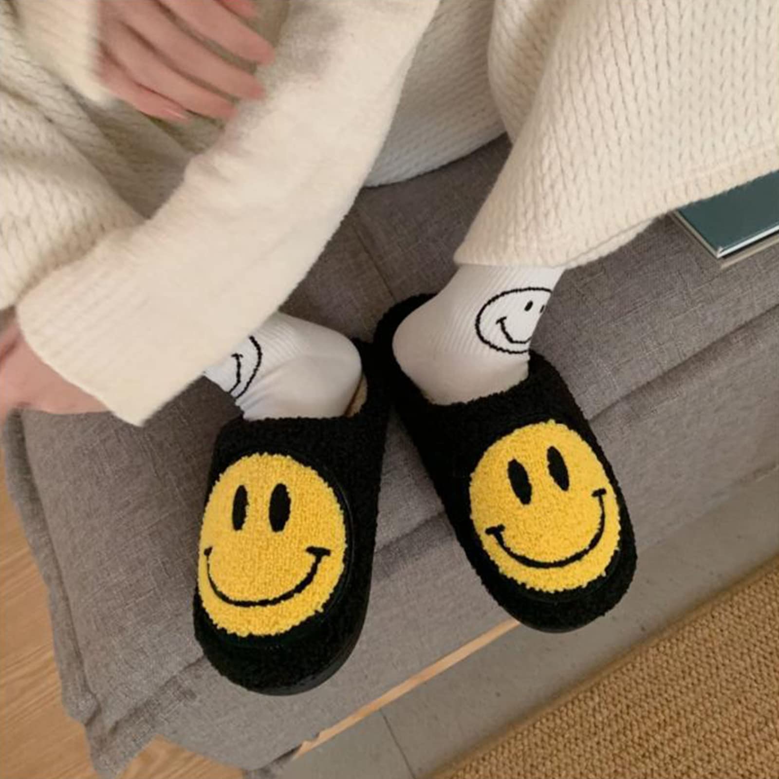 Bevaney Smile Face Slippers for Women - Soft Plush Retro Preppy Slip-on Comfortable Indoor/Outdoor Shoes