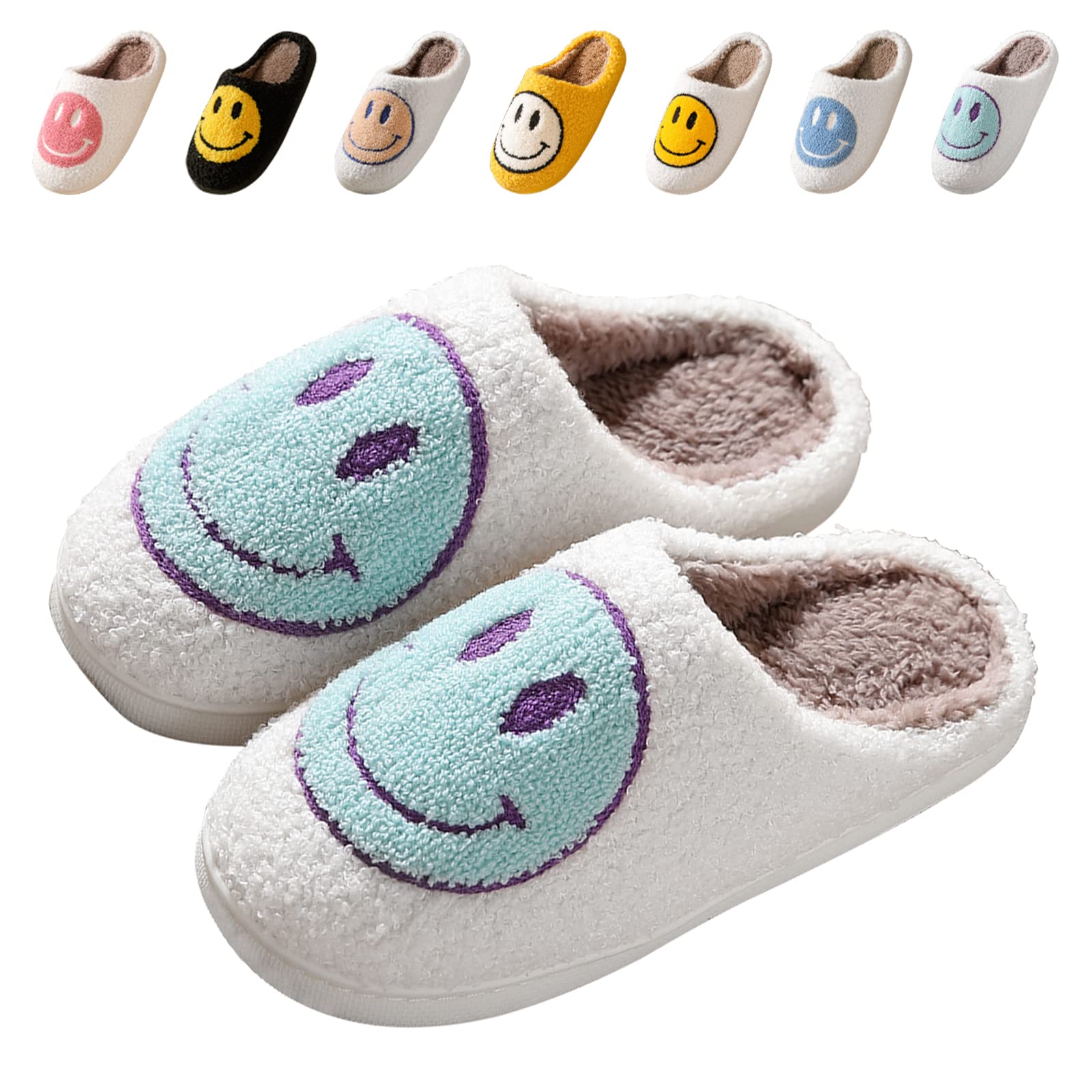 Bevaney Smile Face Slippers for Women - Soft Plush Retro Preppy Slip-on Comfortable Indoor/Outdoor Shoes
