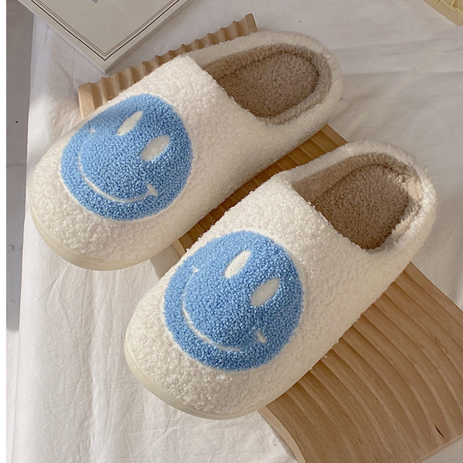 Bevaney Smile Face Slippers for Women - Soft Plush Retro Preppy Slip-on Comfortable Indoor/Outdoor Shoes