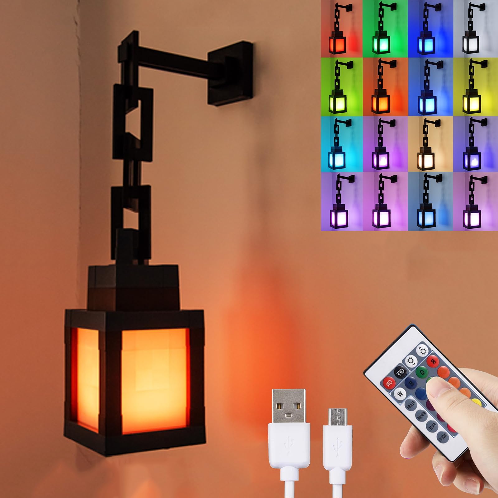 Pixelated Lantern Night Light -16-Color Led Wall Mood Night Light W Touch Switch&Remote Control-Rechargeable Night Lamp Mountable Table Light, Costume Cosplay Nightstand Lamp for Room Decor for Boys