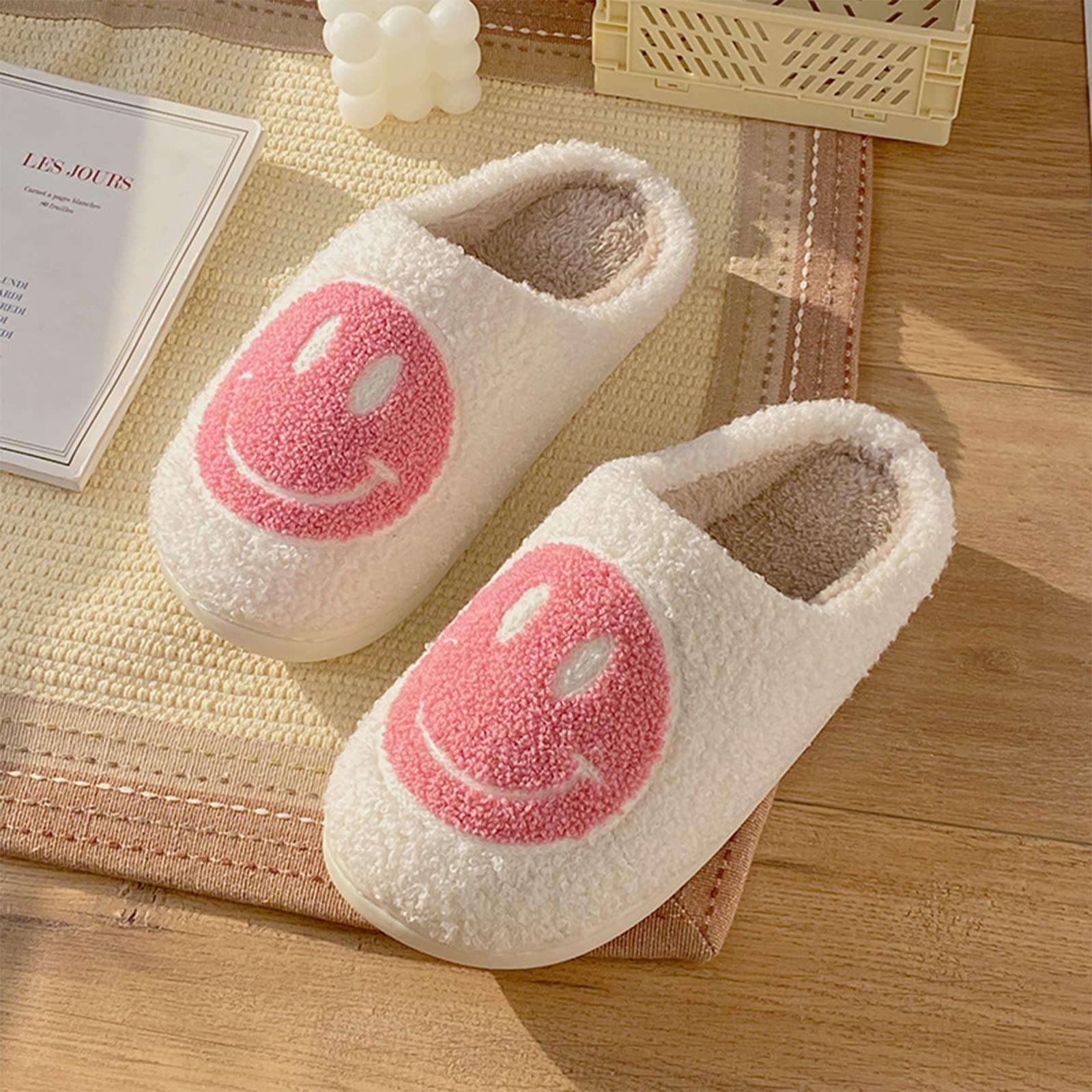Bevaney Smile Face Slippers for Women - Soft Plush Retro Preppy Slip-on Comfortable Indoor/Outdoor Shoes