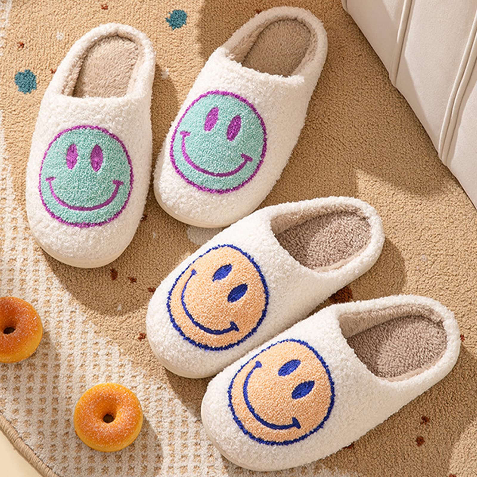 Bevaney Smile Face Slippers for Women - Soft Plush Retro Preppy Slip-on Comfortable Indoor/Outdoor Shoes